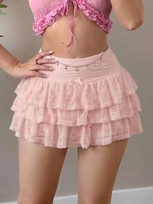 Sweetina Y2k 夏季夏威夷白色衣服纯色蝴蝶结蛋糕迷你裙 - 淺粉色 - 查看 2