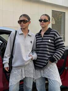 SHEIN Sparklyn 青少年女孩運動衫 2件組 深灰色 寬鬆版型 秋冬保暖 休閒街頭風 連帽 刷毛內裡 拉鍊 校園風 - 黑色 - 查看 3