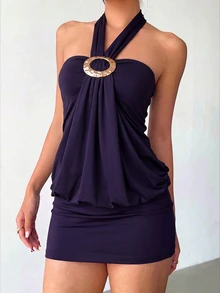 Aloruh Halter Neck Tie Metal Buckle Slim Fit Women's Mini Dress - Purple - View 3
