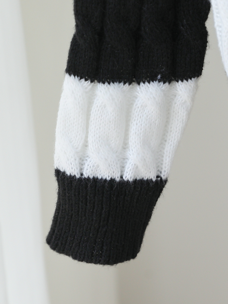 SHEIN Teen Girls Blue And White Striped Cable Knit Cable Rope Cable V-Neck Long Sleeve Sweater, Suitable For Pairing With Jackets, Jeans And Skirts Pullover - Black and White - View 5
