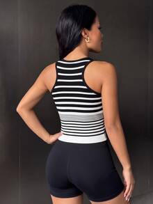 Nuvra Women's Vintage Black & White Ribbed Ribbed Seamless Tank Top, Slimming Cropped Inner Layer - Black and White - View 2