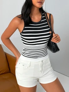 Nuvra Women's Vintage Black & White Ribbed Ribbed Seamless Tank Top, Slimming Cropped Inner Layer - Black and White - View 9