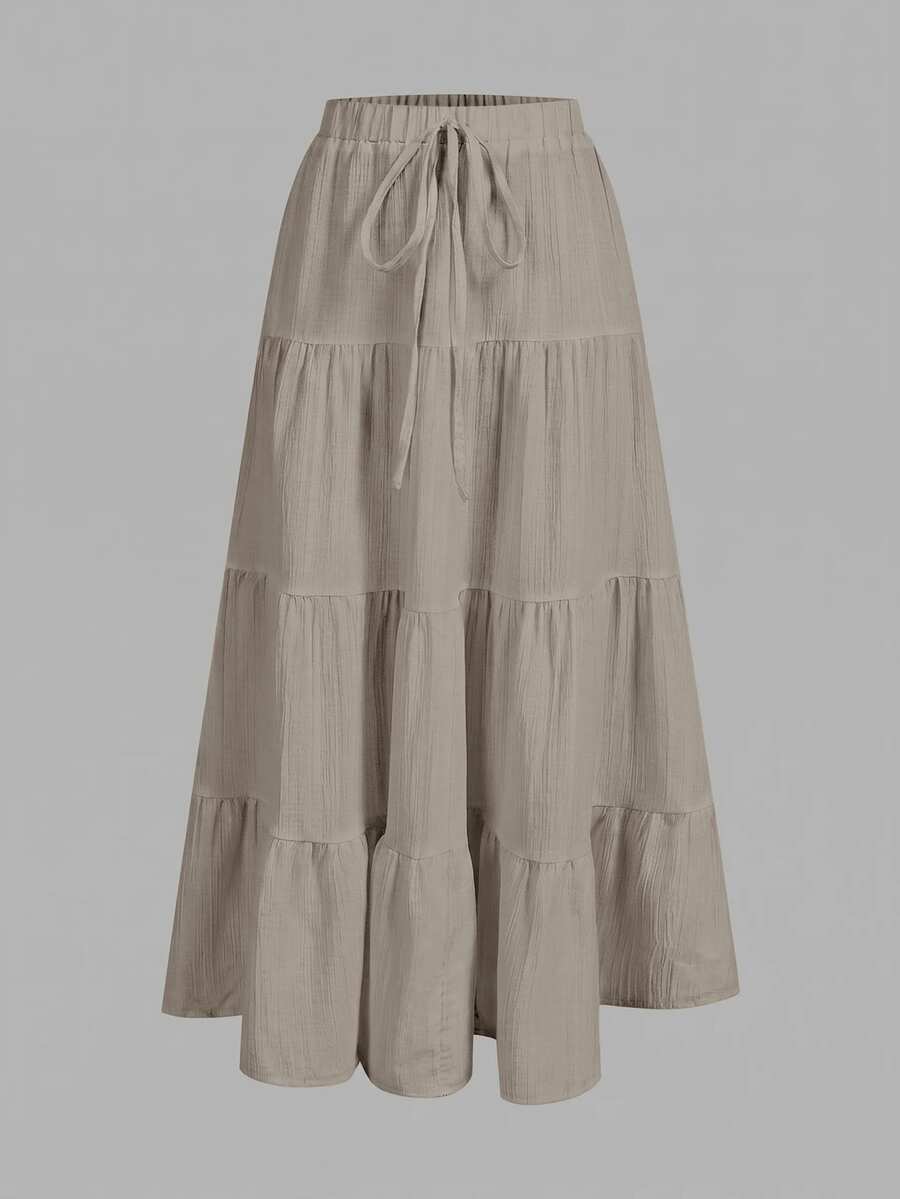 SHEIN EZwear 女款休閒度假多層蛋糕裙,適合夏季 - 卡其色 - 查看 1