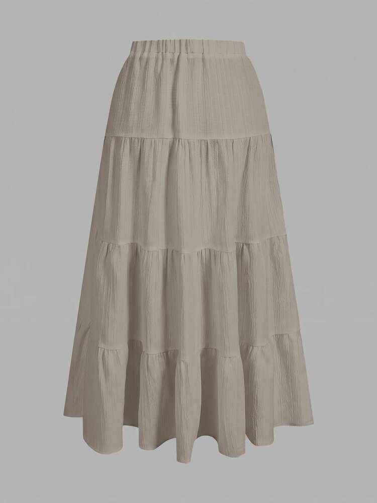 SHEIN EZwear Women's Casual Vacation Multi-Layer Cake Skirt, Suitable For Summer - Khaki - View 2