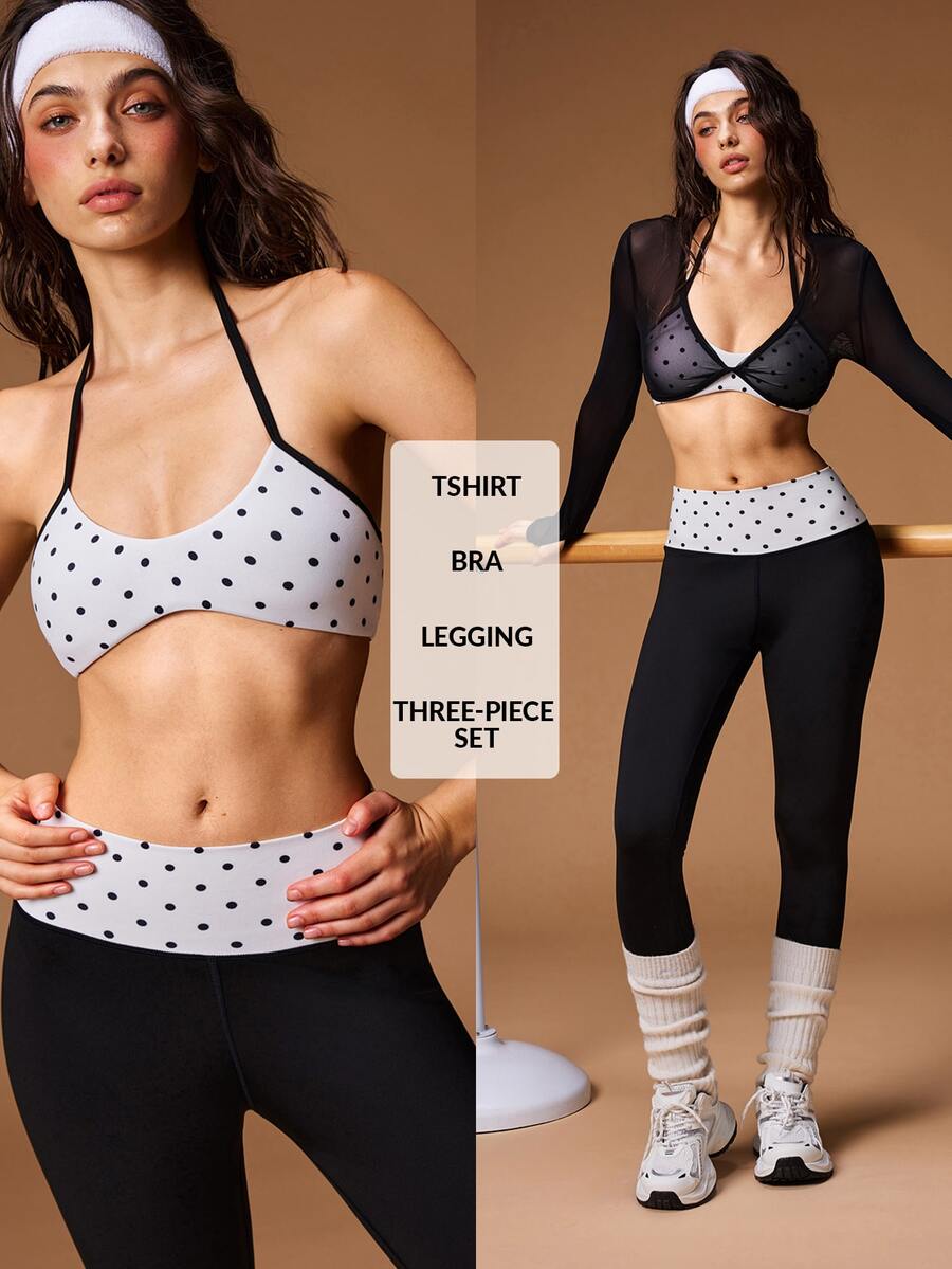 VARSIVA Women's Solid Color Mesh Long Sleeve Cropped Top, Polka Dot Print Halter Neck Tank Top And Leggings Sports Set