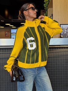 Muchica Cardigan Rajut Wanita Lengan Panjang Raglan Bordir Digital dengan Resleting Depan, Motif Sepak Bola Musim Gugur dan Musim Dingin, Warna Kuning Hijau Kontras, Gaya Retro. - MultiWarna - View 2