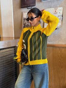 Muchica Cardigan Rajut Wanita Lengan Panjang Raglan Bordir Digital dengan Resleting Depan, Motif Sepak Bola Musim Gugur dan Musim Dingin, Warna Kuning Hijau Kontras, Gaya Retro. - MultiWarna - View 4