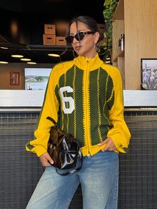 Muchica Cardigan Rajut Wanita Lengan Panjang Raglan Bordir Digital dengan Resleting Depan, Motif Sepak Bola Musim Gugur dan Musim Dingin, Warna Kuning Hijau Kontras, Gaya Retro. - MultiWarna - View 6
