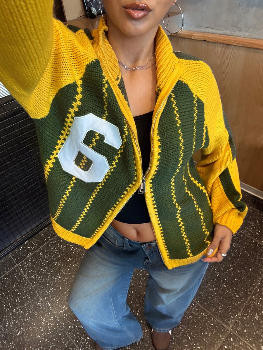 Muchica Cardigan Rajut Wanita Lengan Panjang Raglan Bordir Digital dengan Resleting Depan, Motif Sepak Bola Musim Gugur dan Musim Dingin, Warna Kuning Hijau Kontras, Gaya Retro. - MultiWarna - View 1