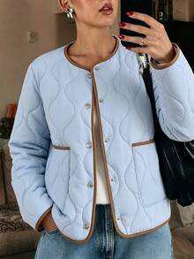 SHEIN LUNE Women's Casual Thin Padded Coat, Autumn/Winter Lightweight Padded Coat With Contrast Trim Design, Suitable For Office, Commute And Outings - Blue - View 5