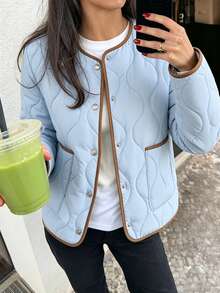 SHEIN LUNE Women's Casual Thin Padded Coat, Autumn/Winter Lightweight Padded Coat With Contrast Trim Design, Suitable For Office, Commute And Outings - Blue - View 2