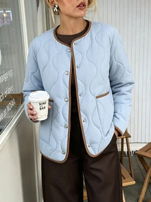 SHEIN LUNE Women's Casual Thin Padded Coat, Autumn/Winter Lightweight Padded Coat With Contrast Trim Design, Suitable For Office, Commute And Outings - Blue - View 6