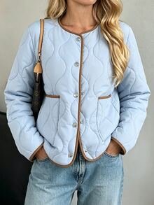 SHEIN LUNE Women's Casual Thin Padded Coat, Autumn/Winter Lightweight Padded Coat With Contrast Trim Design, Suitable For Office, Commute And Outings - Blue - View 7