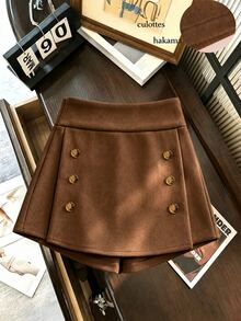 Pariaura Rok Pendek Asimetris Kancing Gaya Vintage Wanita untuk Kencan - Coklat - View 4
