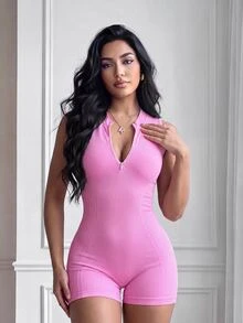 Slayform Slayform Solid Color Sleeveless Seamless Highstretch Yoga Rompers For Women Fitness Romper Seamless Romper Pink Bodysuit Pink Romper - Pink - View 1
