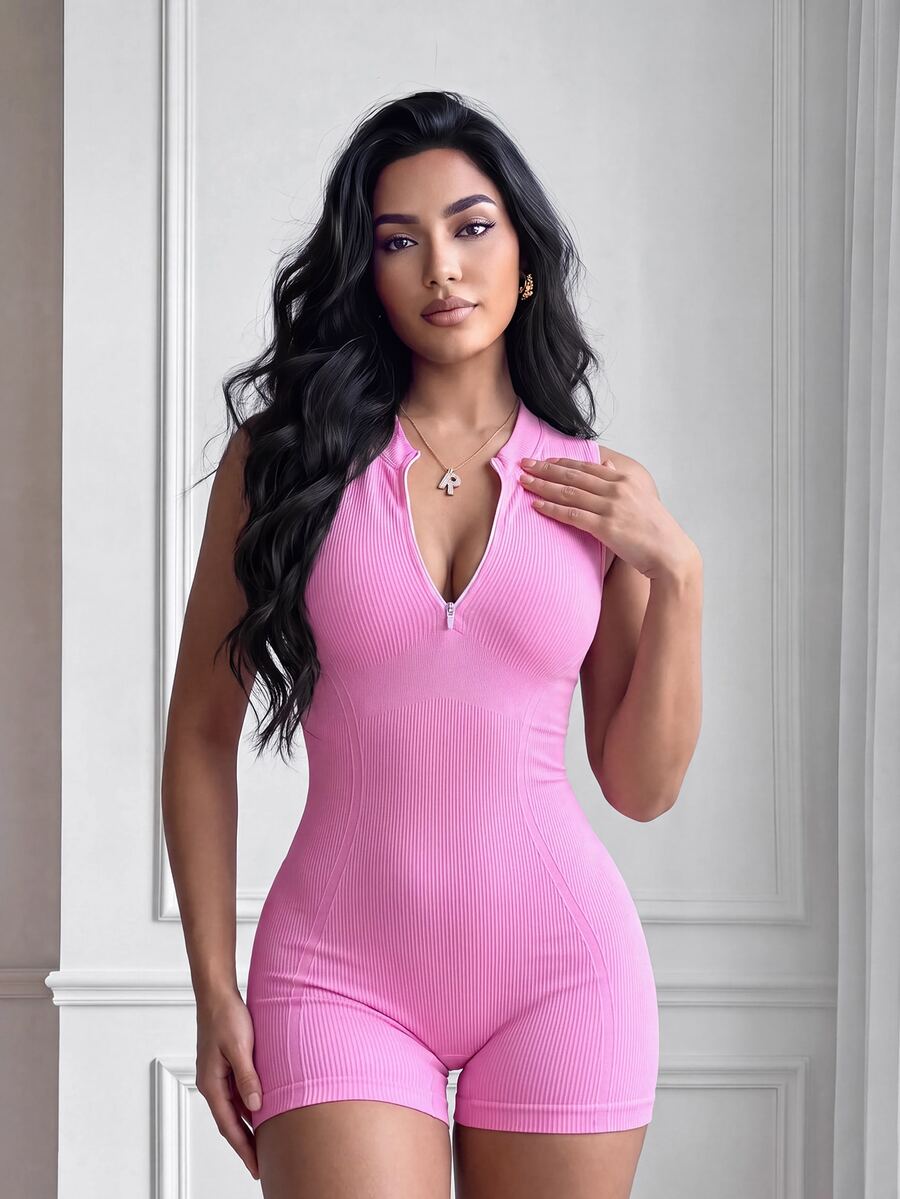 Slayform Slayform Solid Color Sleeveless Seamless Highstretch Yoga Rompers For Women Fitness Romper Seamless Romper Pink Bodysuit Pink Romper - Pink - View 1