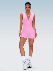 Slayform Slayform Solid Color Sleeveless Seamless Highstretch Yoga Rompers For Women Fitness Romper Seamless Romper Pink Bodysuit Pink Romper - Pink - View 4