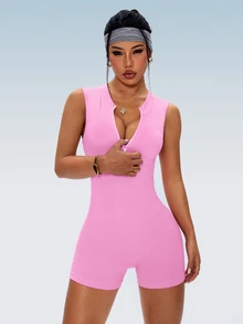 Slayform Slayform Solid Color Sleeveless Seamless Highstretch Yoga Rompers For Women Fitness Romper Seamless Romper Pink Bodysuit Pink Romper - Pink - View 5