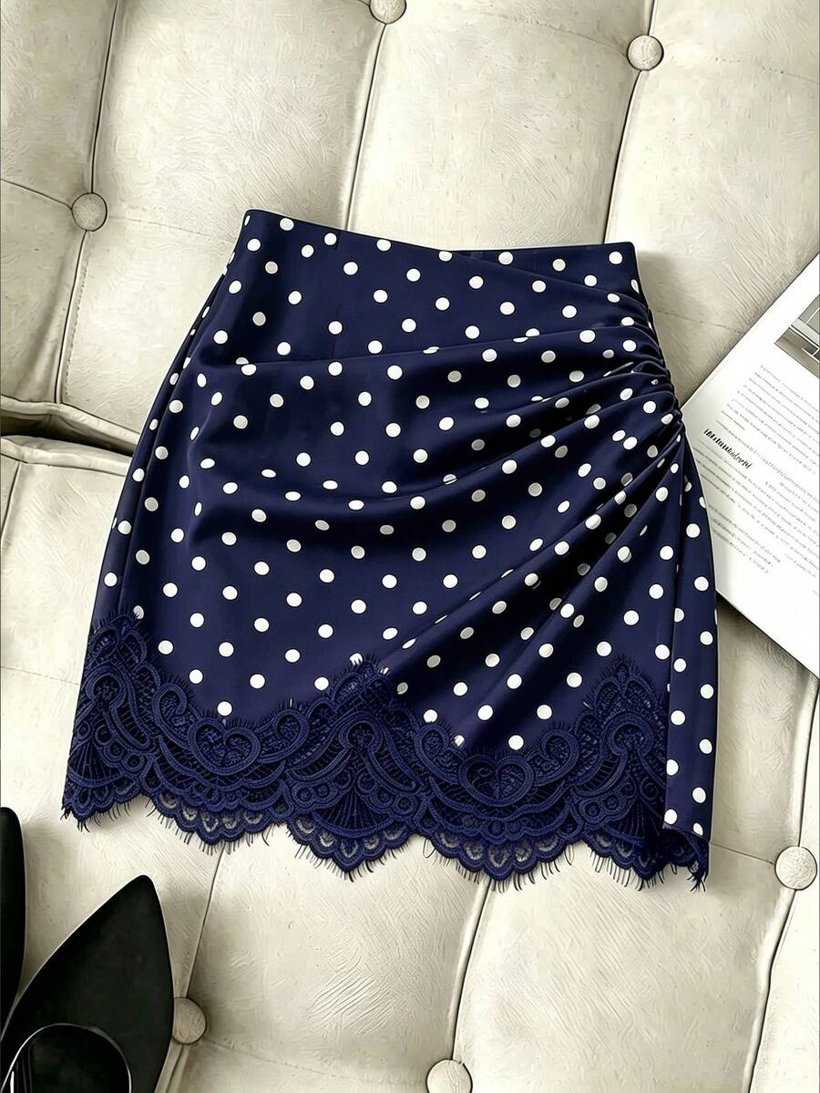 SHEIN Franclia 女款波點蕾絲拼接休閒百搭迷你裙 - 藏蓝色 - 查看 1