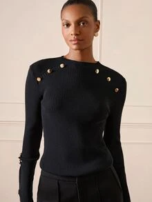 Lilora Women's Elegant Metal Decor Wool Sweater, High-End Fashion Versatile Suitable For Commuting, Daily Casual, Outing Office, Gathering, Dating, Black - Black - View 4
