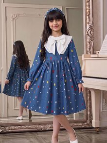 SHEIN Tween Girl Girls Elegant Denim Effect Rhinestone Print Colorblock White Large Collar Long Sleeve Dress - Blue - View 9
