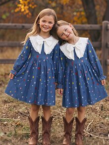 SHEIN Tween Girl Girls Elegant Denim Effect Rhinestone Print Colorblock White Large Collar Long Sleeve Dress - Blue - View 12