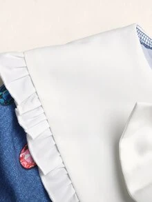 SHEIN Tween Girl Girls Elegant Denim Effect Rhinestone Print Colorblock White Large Collar Long Sleeve Dress - Blue - View 4