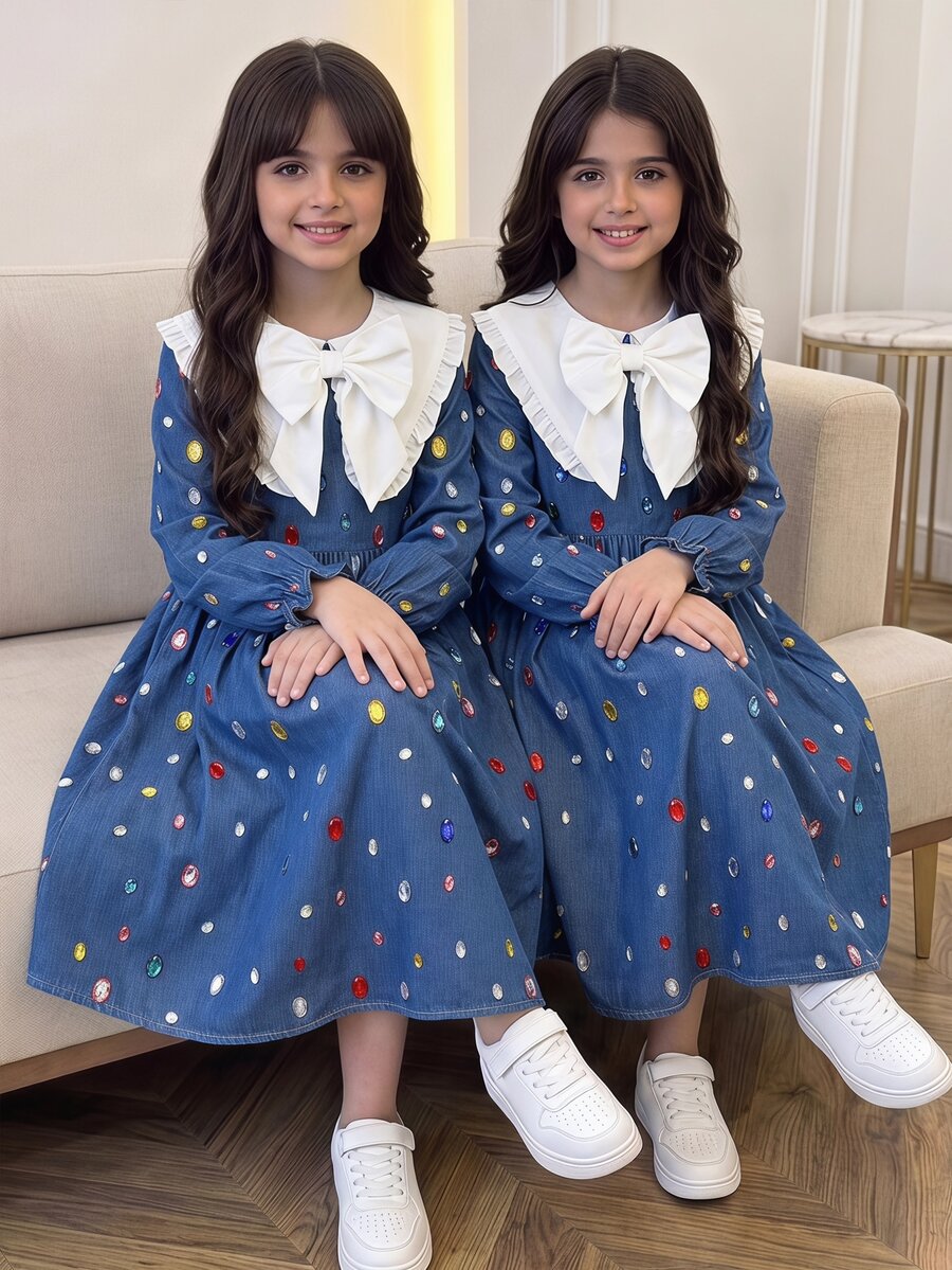 SHEIN Tween Girl Girls Elegant Denim Effect Rhinestone Print Colorblock White Large Collar Long Sleeve Dress - Blue - View 1