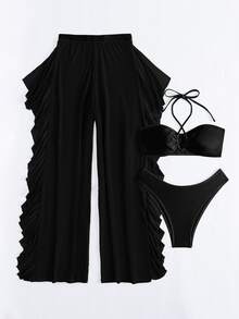 SHEIN Swim Summer Beach Mono Bikini Set Crisscross Halter Wireless Bra Top & High Cut Bikini Bottom & Mesh Cover Up Pants 3 Pieces Bikini - Black - View 4