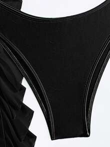 SHEIN Swim Summer Beach Mono Bikini Set Crisscross Halter Wireless Bra Top & High Cut Bikini Bottom & Mesh Cover Up Pants 3 Pieces Bikini - Black - View 6