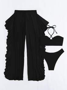 SHEIN Swim Summer Beach Mono Bikini Set Crisscross Halter Wireless Bra Top & High Cut Bikini Bottom & Mesh Cover Up Pants 3 Pieces Bikini - Black - View 3
