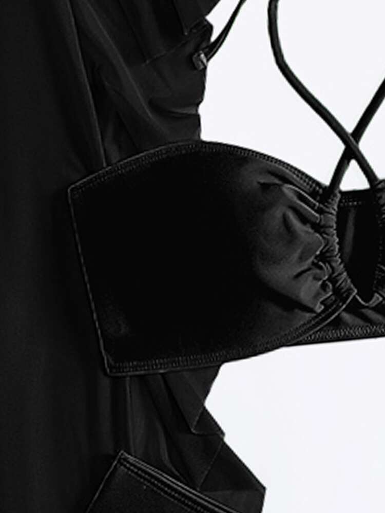 SHEIN Swim Summer Beach Mono Bikini Set Crisscross Halter Wireless Bra Top & High Cut Bikini Bottom & Mesh Cover Up Pants 3 Pieces Bikini - Black - View 4