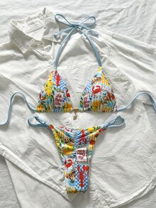 SHEIN Swim 女士随机印花项链金属饰品比基尼套装，春夏沙滩装，夏季泳装，度假邮轮旅行沙滩日光浴比基尼套装，印花比基尼套装，泳装，沙滩装，带罩衫的比基尼套装，两件套，度假装 - 彩色 - 查看 1