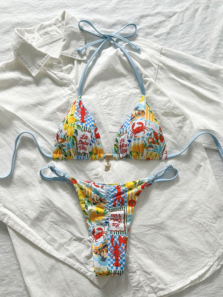 SHEIN Swim 女士随机印花项链金属饰品比基尼套装,春夏沙滩装,夏季泳装,度假邮轮旅行沙滩日光浴比基尼套装,印花比基尼套装,泳装,沙滩装,带罩衫的比基尼套装,两件套,度假装 - 彩色 - 查看 1