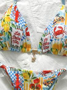 SHEIN Swim 女士随机印花项链金属饰品比基尼套装，春夏沙滩装，夏季泳装，度假邮轮旅行沙滩日光浴比基尼套装，印花比基尼套装，泳装，沙滩装，带罩衫的比基尼套装，两件套，度假装 - 彩色 - 查看 7