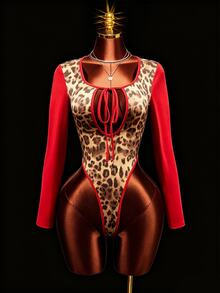 Mistrie Bodysuit Lengan Panjang Motif Leopard Merah Seksi Terbaru Musim Gugur dengan Leher Persegi Berongga dan Desain Warna Kontras, Cocok untuk Musim Kembali ke Sekolah, Pesta Malam di Klub, dan Halloween. - MultiWarna - View 4