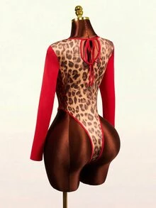 Mistrie Bodysuit Lengan Panjang Motif Leopard Merah Seksi Terbaru Musim Gugur dengan Leher Persegi Berongga dan Desain Warna Kontras, Cocok untuk Musim Kembali ke Sekolah, Pesta Malam di Klub, dan Halloween. - MultiWarna - View 7