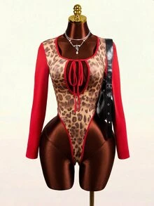 Mistrie Bodysuit Lengan Panjang Motif Leopard Merah Seksi Terbaru Musim Gugur dengan Leher Persegi Berongga dan Desain Warna Kontras, Cocok untuk Musim Kembali ke Sekolah, Pesta Malam di Klub, dan Halloween. - MultiWarna - View 6