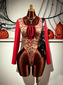 Mistrie Bodysuit Lengan Panjang Motif Leopard Merah Seksi Terbaru Musim Gugur dengan Leher Persegi Berongga dan Desain Warna Kontras, Cocok untuk Musim Kembali ke Sekolah, Pesta Malam di Klub, dan Halloween. - MultiWarna - View 5