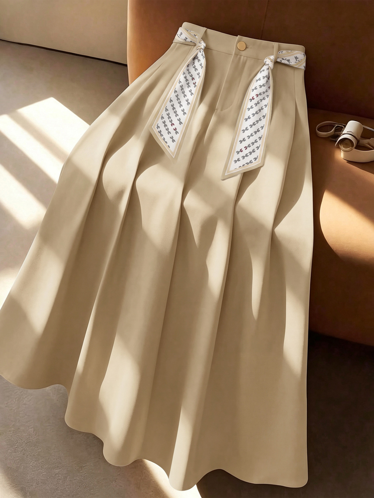 GlowEve CURVE Plus Size Fashion Elegant Commute Skirt With Scarf Decoration - Khaki - View 1