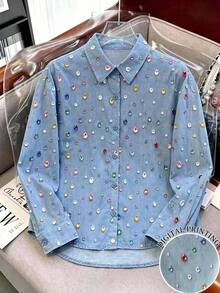 SHEIN 青少年女孩 90 年代主題 藍色多彩鑽飾圓領短袖 T 恤上衣 - 藍色 - 查看 5