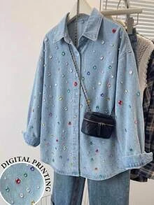 SHEIN 青少年女孩 90 年代主題 藍色多彩鑽飾圓領短袖 T 恤上衣 - 藍色 - 查看 1