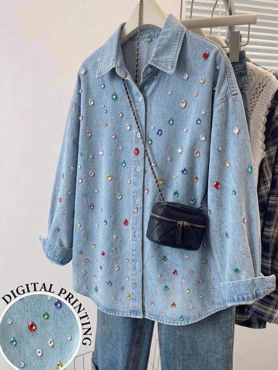 SHEIN 青少年女孩 90 年代主題 藍色多彩鑽飾圓領短袖 T 恤上衣 - 藍色 - 查看 1