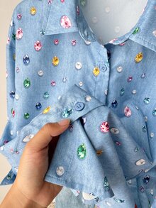 SHEIN 青少年女孩 90 年代主題 藍色多彩鑽飾圓領短袖 T 恤上衣 - 藍色 - 查看 4