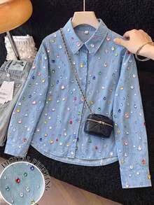 SHEIN 青少年女孩 90 年代主題 藍色多彩鑽飾圓領短袖 T 恤上衣 - 藍色 - 查看 3