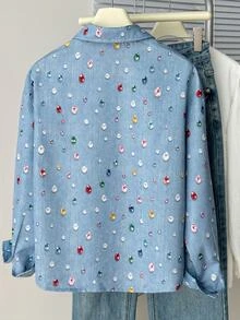 SHEIN 青少年女孩 90 年代主題 藍色多彩鑽飾圓領短袖 T 恤上衣 - 藍色 - 查看 2