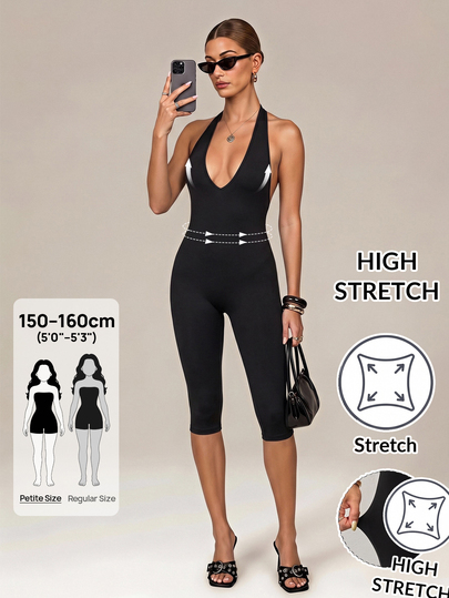 SHEIN PETITE Fashionable Sexy Backless Halter Neck Slim Fit Jumpsuit Club Night Out Black Summer,Holiday Outfits For Women,Women Elegant Jumpsuit,Petite