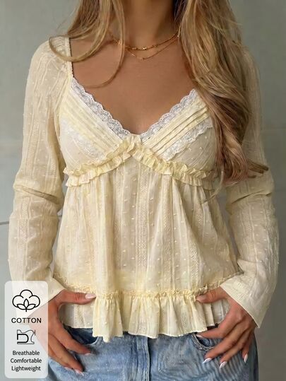 Lucivie Elegant sexig blus för kvinnor med schweizerprickar, textur, spetskant, patchwork, V-ringning, volangfåll, lång ärm, casual peplumtopp, cottagecore streetwear