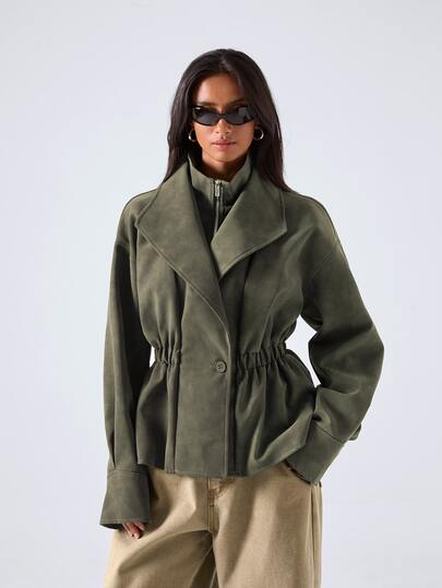 LYSMO Jaket Wanita Suede PU dengan Desain Pinggang yang Mengencangkan, Musim Gugur/Dingin, Pakaian Musim Gugur, Jaket Musim Dingin Wanita, Pakaian Musim Dingin, Jaket Kasual, Pakaian Kantor, Natal