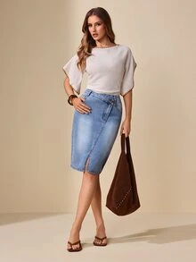 Selenza Women's Asymmetric Waist Denim Skirt With Slit Hem - Light Wash - View 8